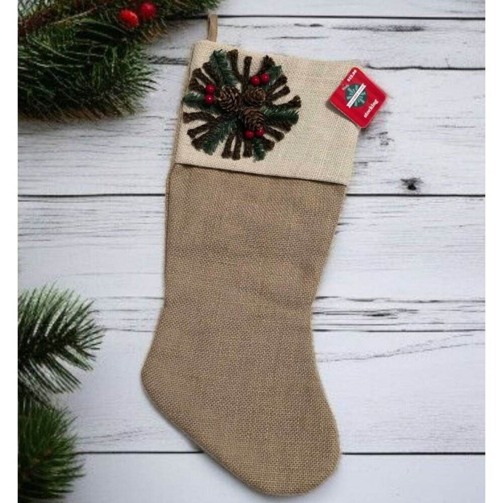 New Rustic Burlap Christmas Stocking Wreath Flower Pinecone Berry Holiday Decor